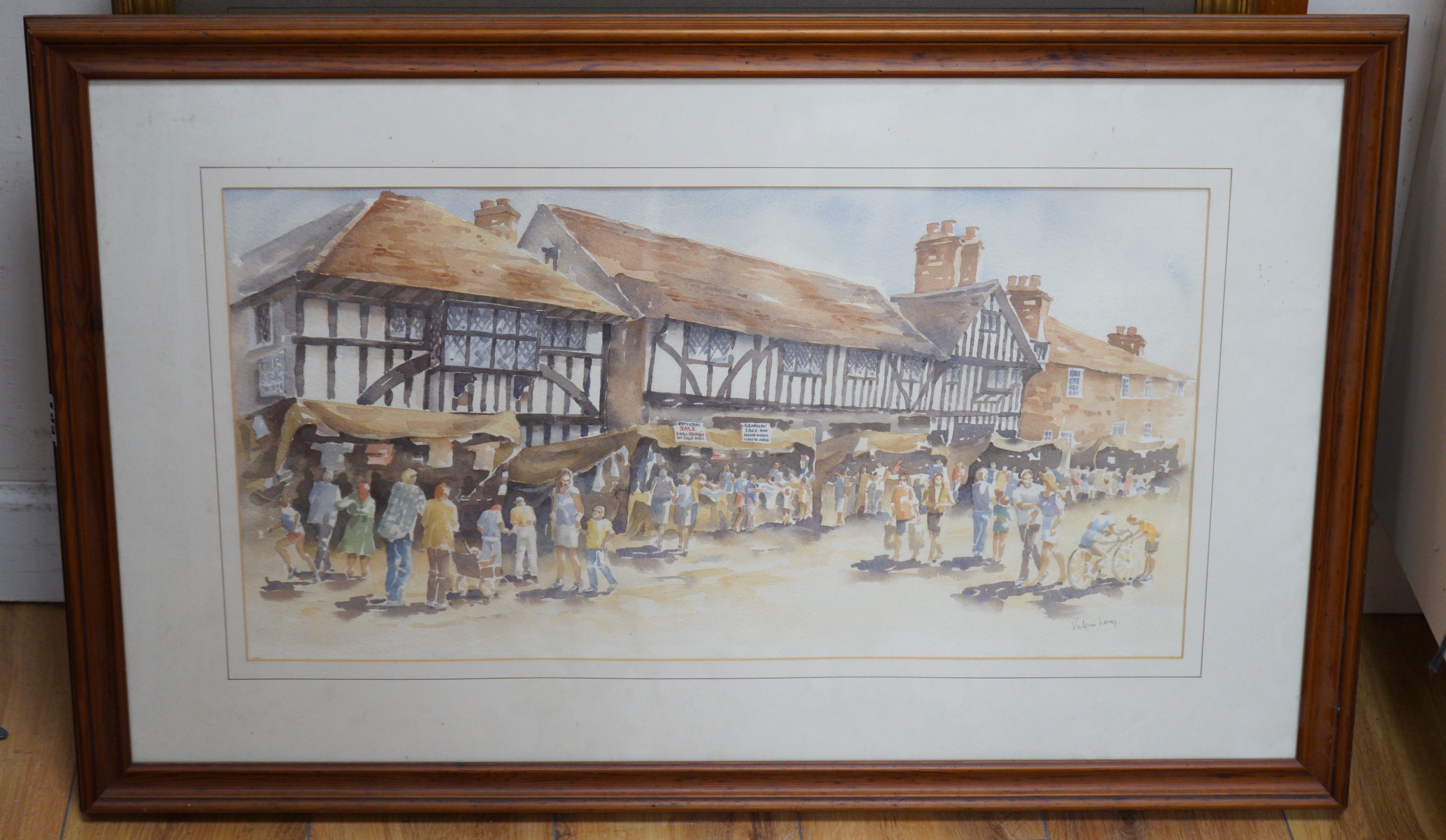 Valerie Long, watercolour, 'Chilham Market, Kent', signed, 30 x 60cm